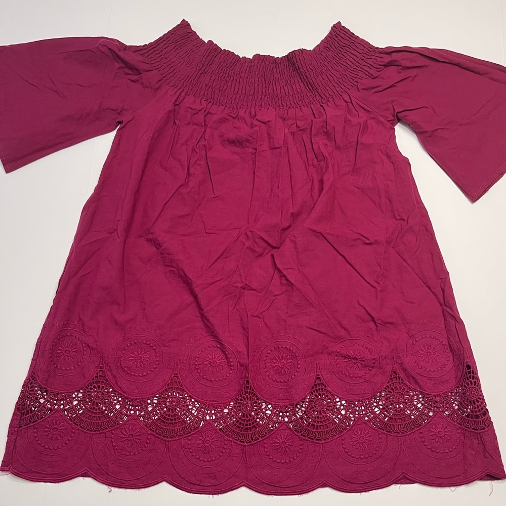 B-Sharp Bohemian Off Shoulders Crochet Embroidered Eyelet Hem Maroon Tunic Top M